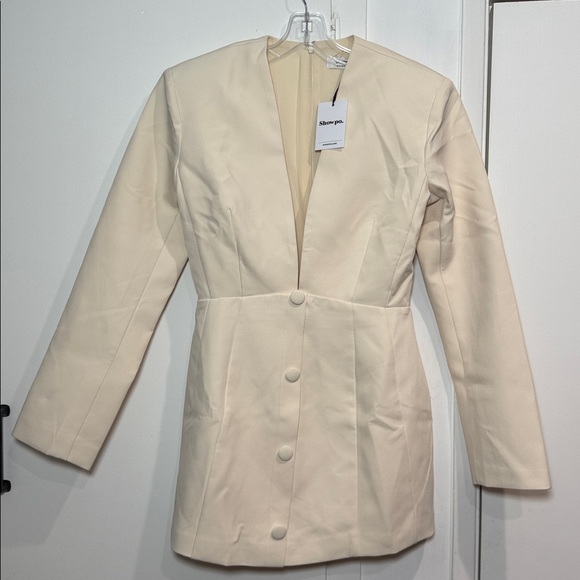 Showpo. NINETTE MINI DRESS
V Neck Tulip Hem Blazer Dress in Cream - Picture 7 of 8